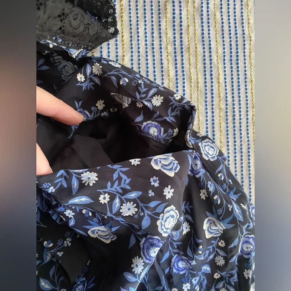 SANDRO  Paris  Womens Sz34 XS Black Blue Floral Silk Heart Romper Jumpsuit NWT - Picture 11 of 16